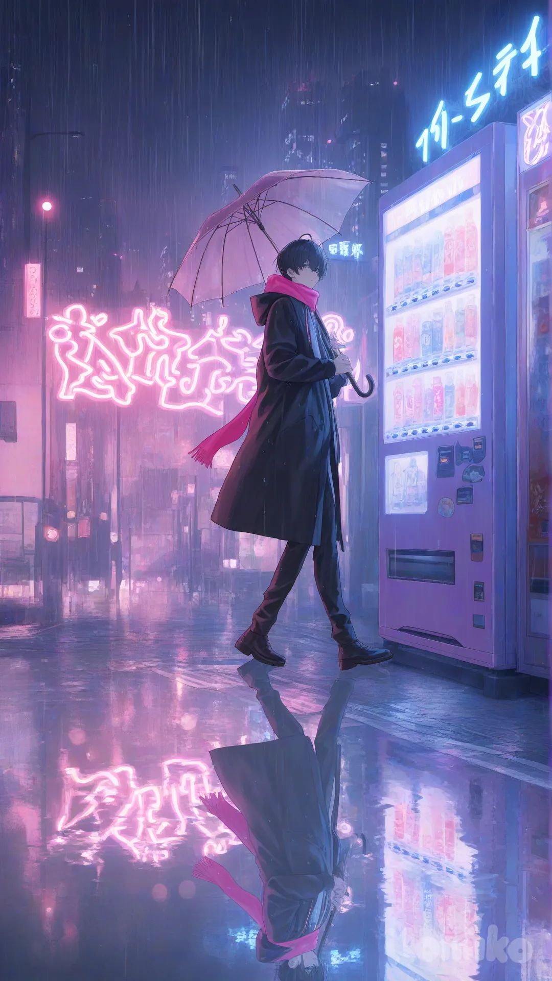 Sad anime boy under neon lights in light rain,
(random background: neon city rain, street lamp road, glass window reflection, vending machine corner),
(random outfit: hoodie, long coat, casual streetwear, scarf and jacket),
(random pose: holding umbrella, standing still, walking slowly, looking at reflections),
lofi aesthetic, glowing lights, melancholic vibe,
soft blur, pastel neon colors, anime cinematic lighting, ultra quality, [soft-pastel-style]