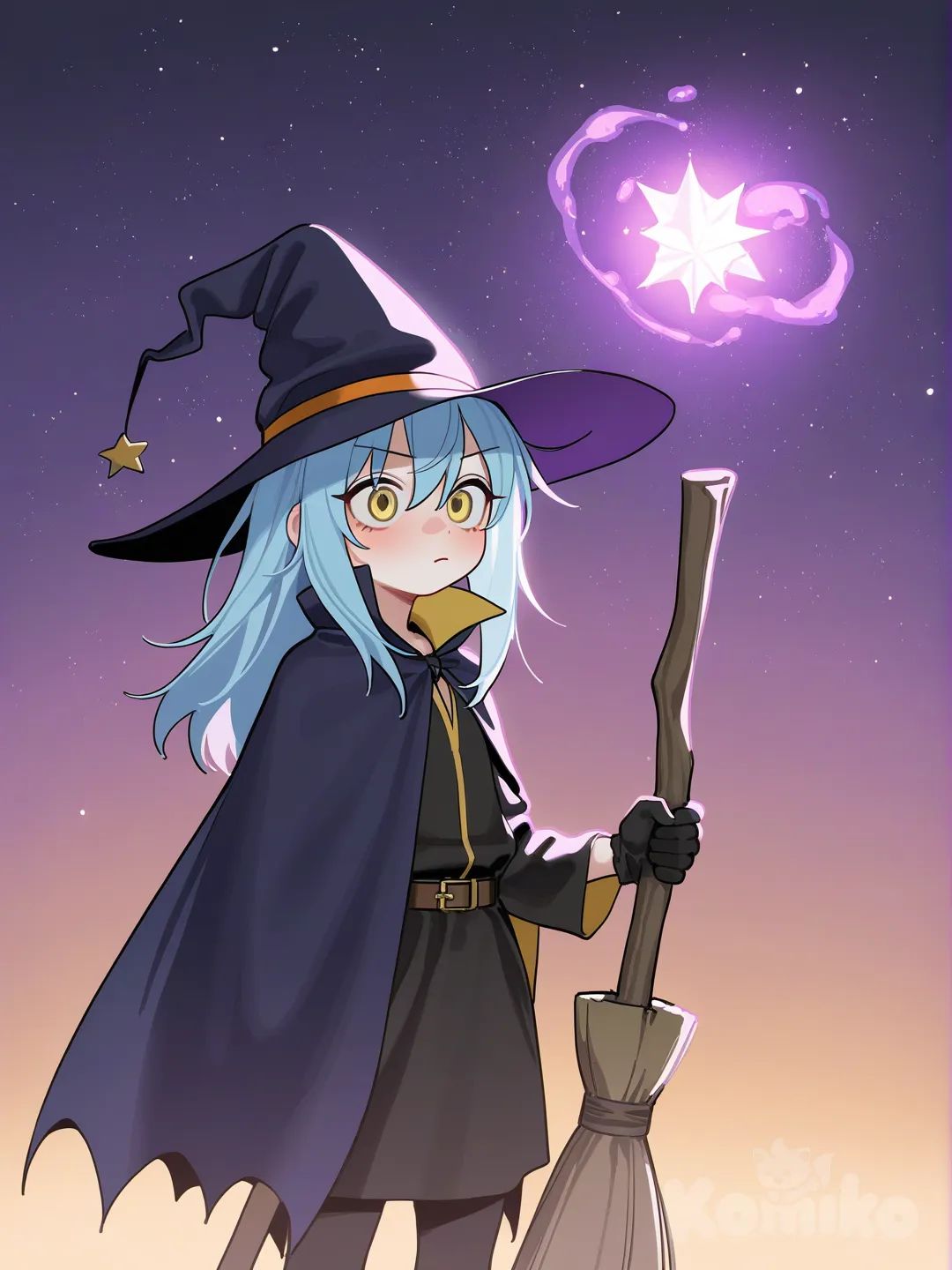 toon shaded, rimuru tempest, blue hair, golden eyes, blush, smilling, witch costume, halloween, hat, broom, starry sky, night, magic, cape