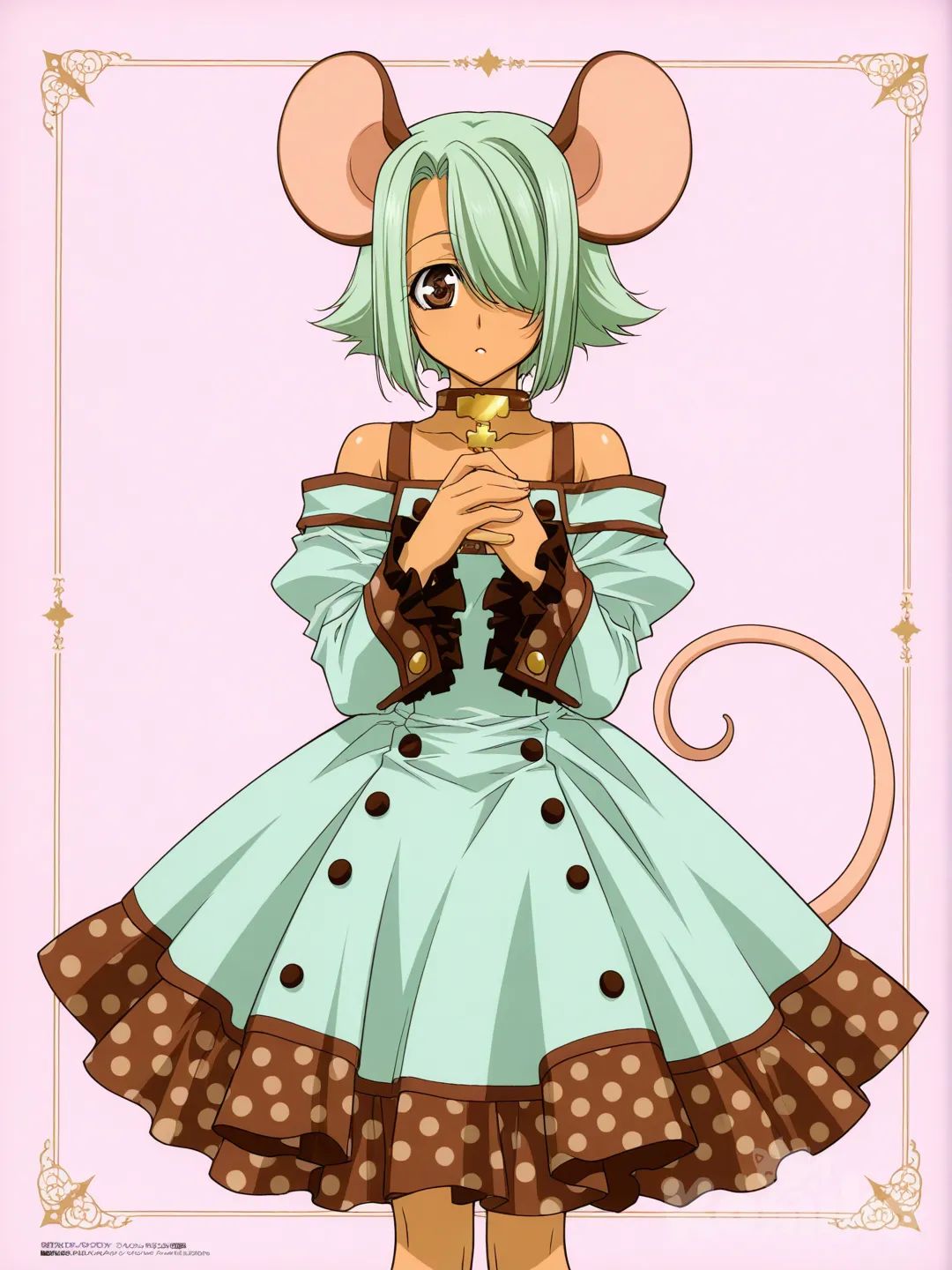 cute anthro mouse girl, mint green short hair covering one eye, large polka-dotted mouse ears, wearing a pastel mint off-shoulder dress with frilly ruffled sleeves and a layered skirt with brown polka dots, short tail, tan skin, brown eyes, [retro-anime-style]
