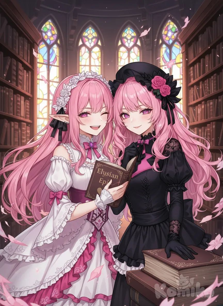 Elysia (Honkai Impact), <lisa-rose-riyo-holmes-l7nn>, anime coloring, one eye closed, smirk, library