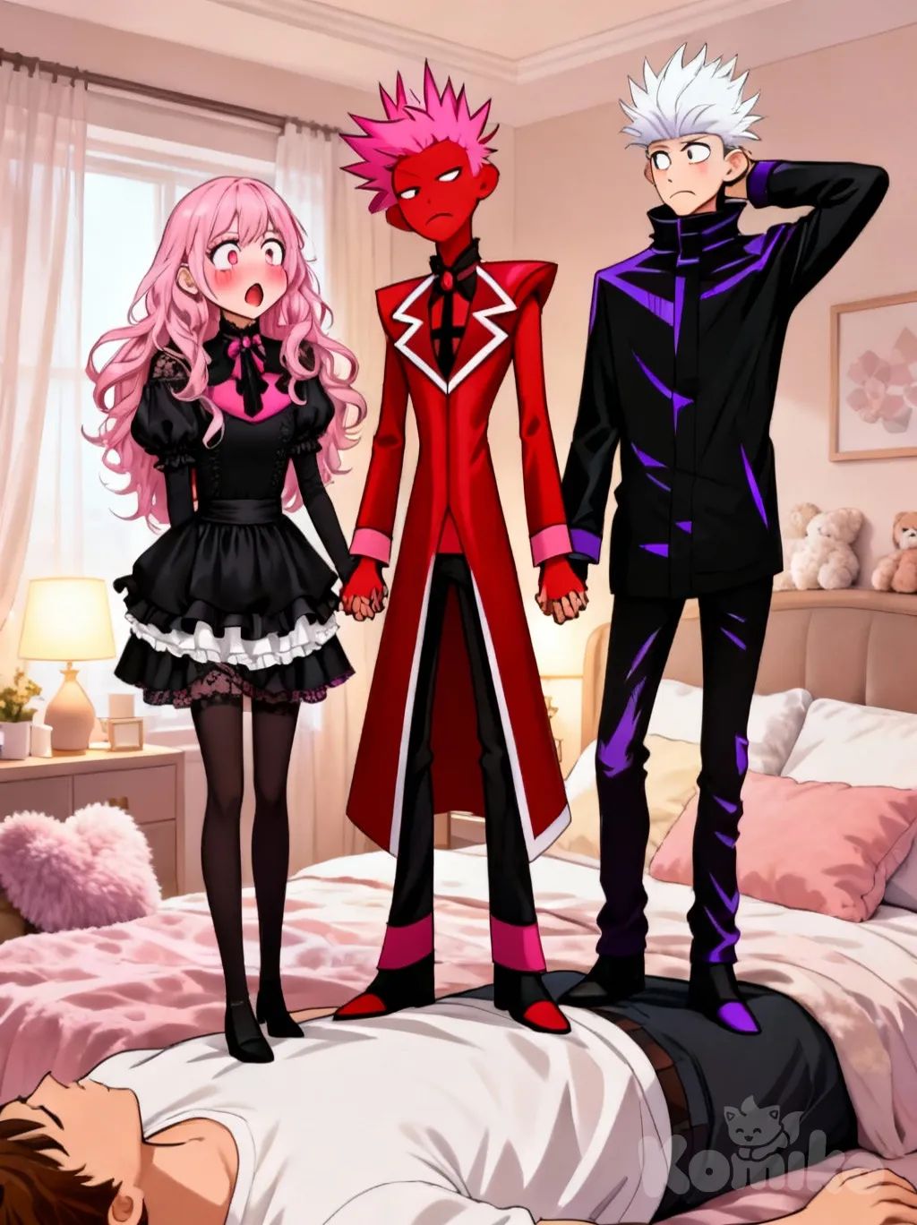 @lisa-rose-riyo-holmes-l7nn, @Alastor_The_Radio_Demon, @Gojou_Satoru, [high-gloss-illustration-style], on person, holding another's hand, shocked, blush, frown, expressionless, head tilt, arms behind head, bedroom