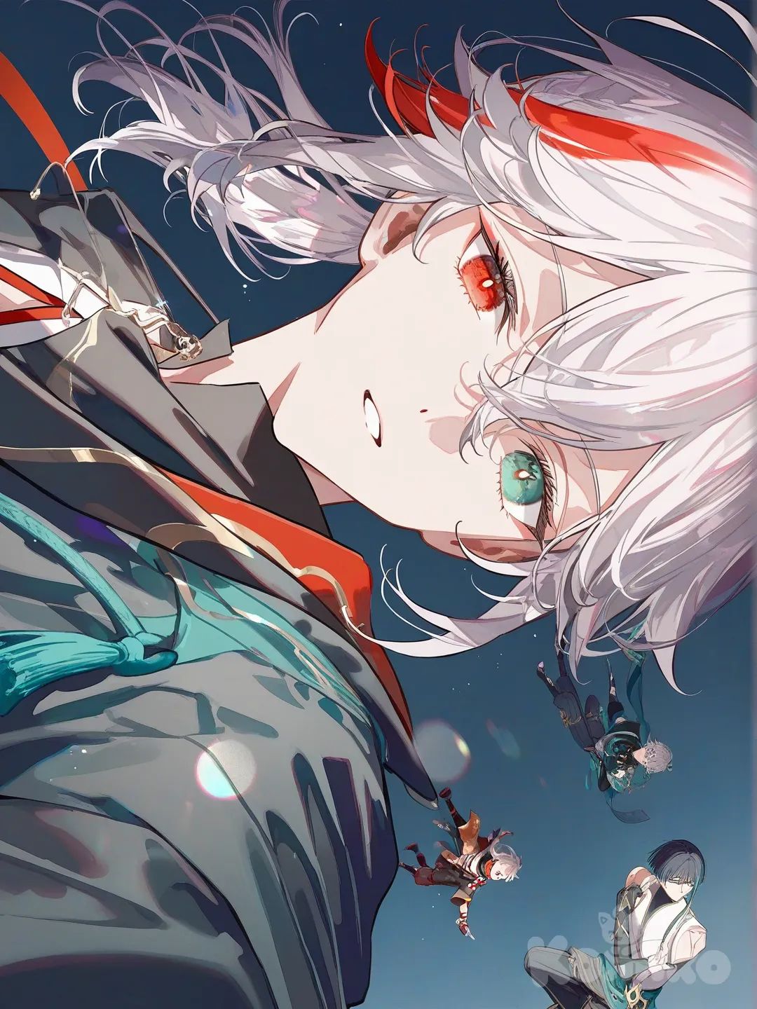 1boy, Kaedehara Kazuha, Alhaitham (Genshin Impact), Scaramouche (Genshin Impact), Gojou Satoru,blade 
 [iridescent-style], head tilt, pointing at viewer, klein blue, fuchsia, burgundy, ivory white, neon green, navy blue, full body, closeup, headshot, upper body, from below have blade in the front