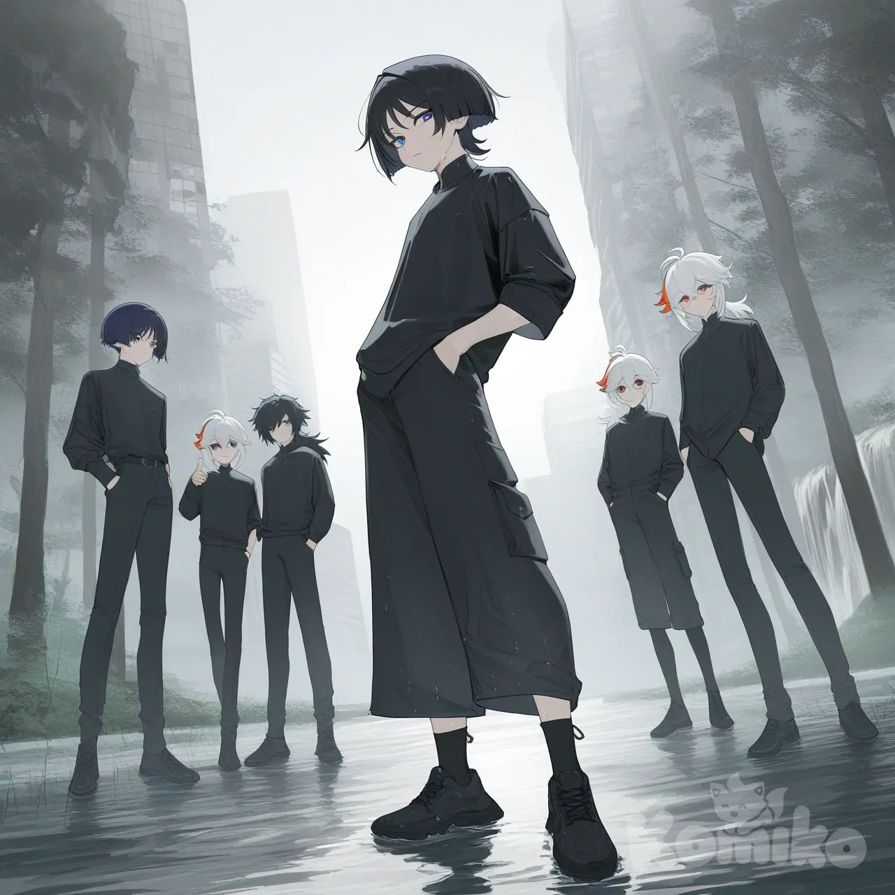 <zak-S6RN>, Tomioka Giyuu, Gojou Satoru, Scaramouche (Genshin Impact) blade, anime coloring, 1boy, Kaedehara Kazuha, [vibrant-anime-style], hands in pockets, head tilt, pointing at viewer, full body, headshot, upper body, closeup, from above, from below, ambient light, backlight, top light, side light, forest, skyscraper, cityscape, rainy, waterfall