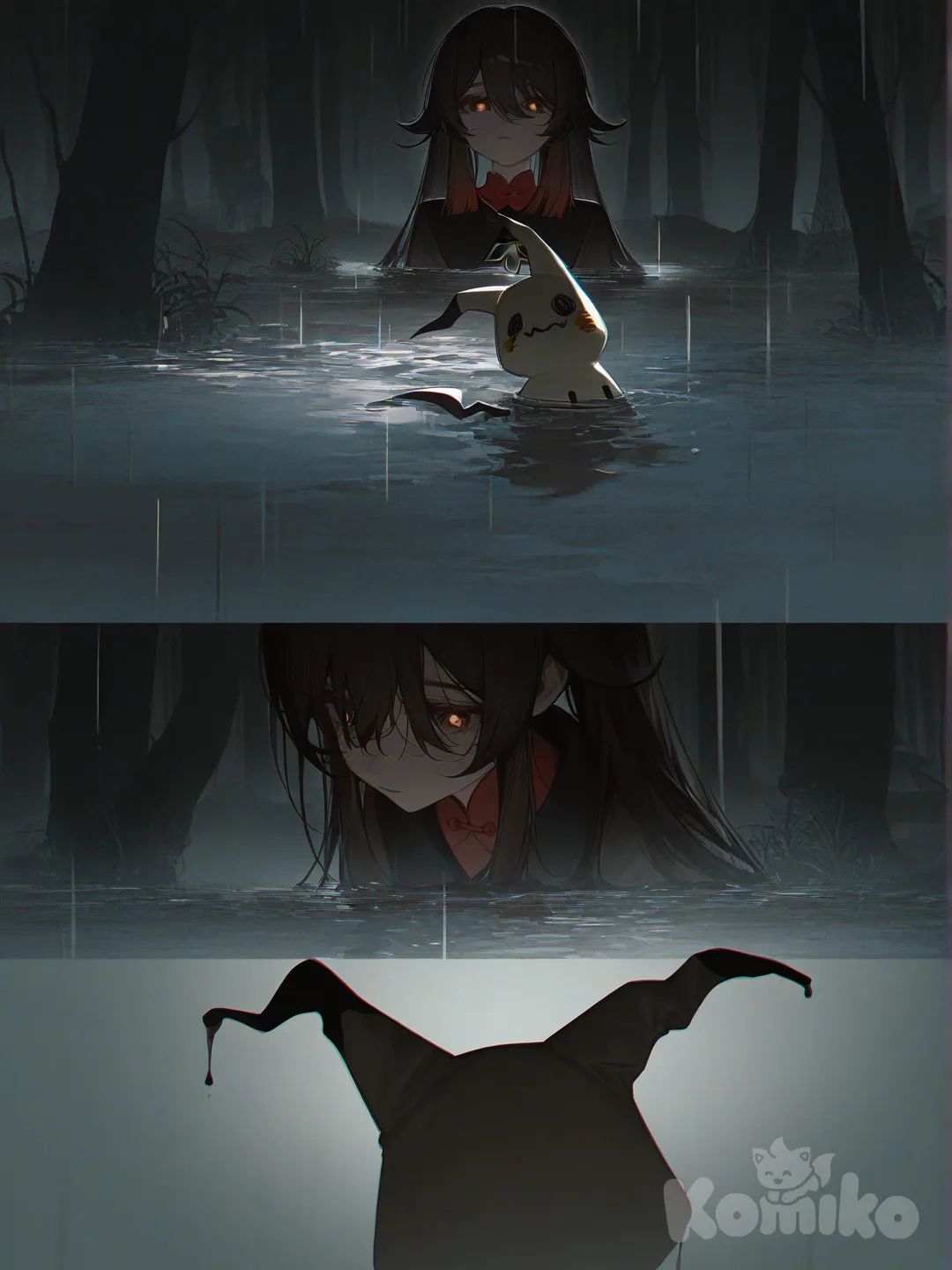 <zak-S6RN>, Qiqi (Genshin Impact), Hu Tao (Genshin Impact), Mimikyu, [high-contrast-glossy-style], headshot, upper body, ambient light, backlight, top light, night, ruins, forest, rainy make it scary, medium long shot, closeup, 2girls, 1girl, Boo Tao (Genshin Impact), 2people have huato and qiqi inthe mane focus