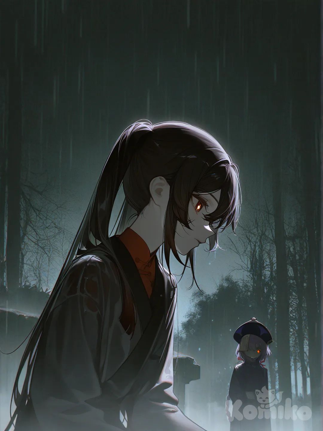 Qiqi (Genshin Impact), Hu Tao (Genshin Impact), [high-contrast-glossy-style], headshot, upper body, ambient light, backlight, top light, night, ruins, forest, rainy make it scary, medium long shot, closeup, 2girls, 1girl, 2people have huato and qiqi inthe mane focus mqnly have qiqi in it