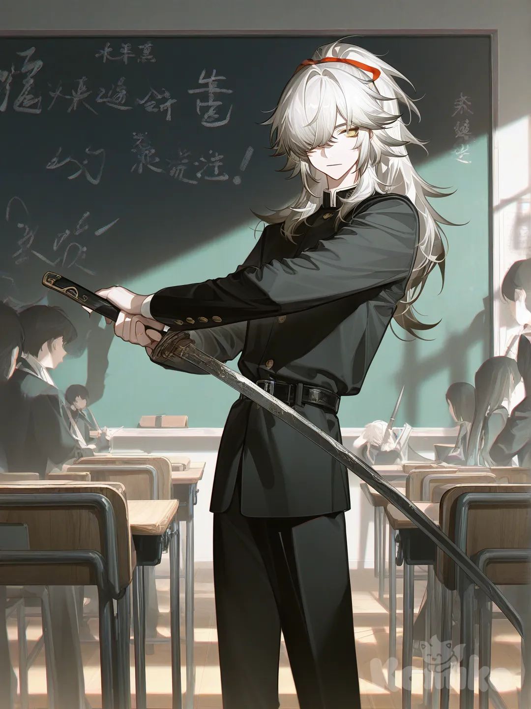 Jing Yuan, 1boy, [high-contrast-glossy-style], holding sword, classroom make him like hes teachin g a class