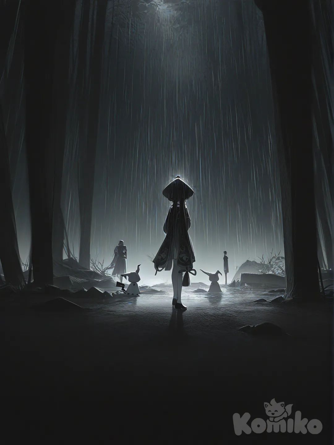 <zak-S6RN>, Qiqi (Genshin Impact), Hu Tao (Genshin Impact), Mimikyu, [high-contrast-glossy-style], headshot, upper body, ambient light, backlight, top light, night, ruins, forest, rainy make it scary, medium long shot, closeup, 2girls, 1girl, Boo Tao (Genshin Impact), 2people