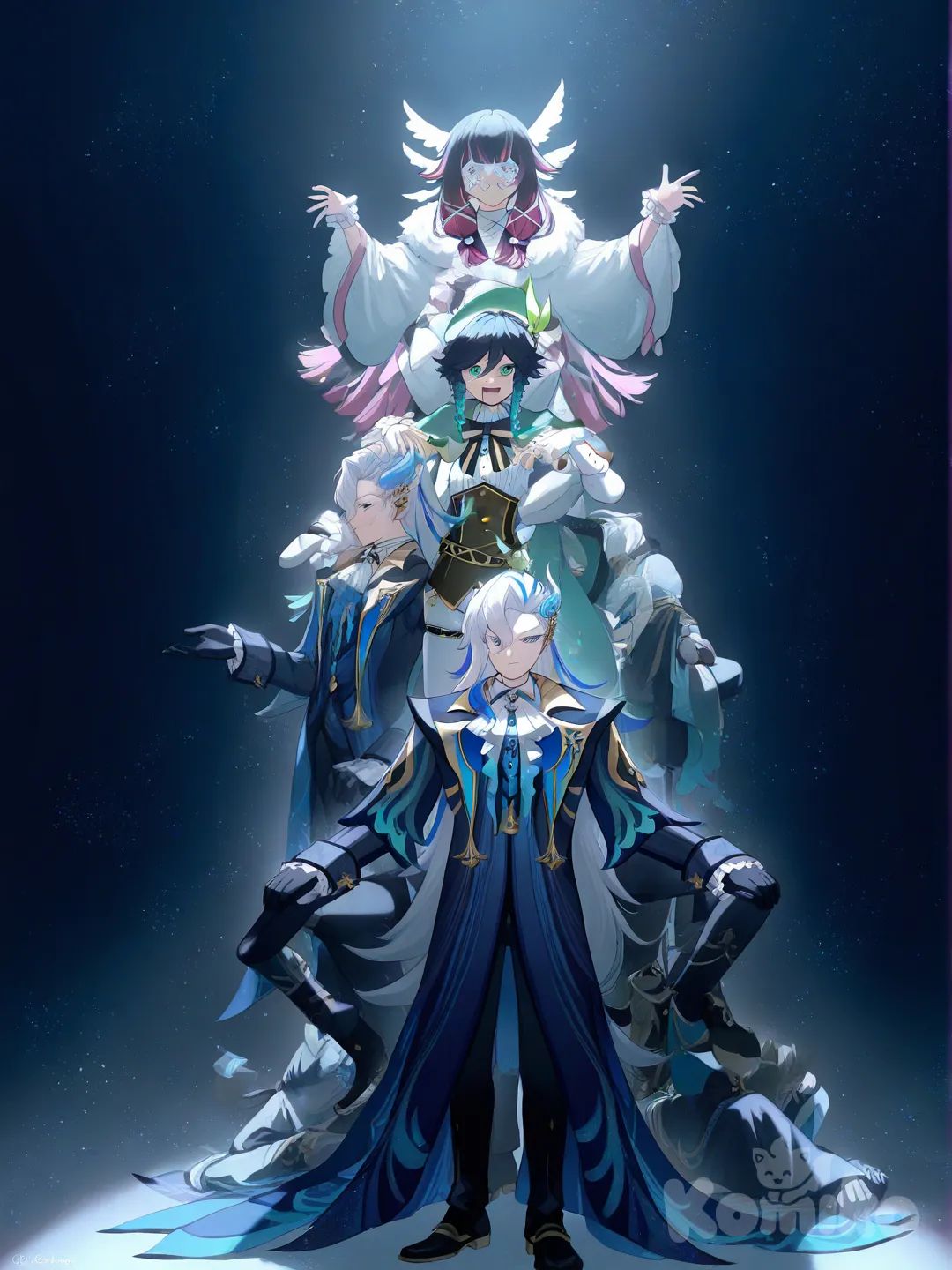 @Venti_(Genshin_Impact), @Neuvillette_(Genshin_Impact), @Columbina_(Genshin_Impact), 2boys, 1girlhave them all stacked up on their shuthers, [moody-glow-style] have them with the same clothes they already have
