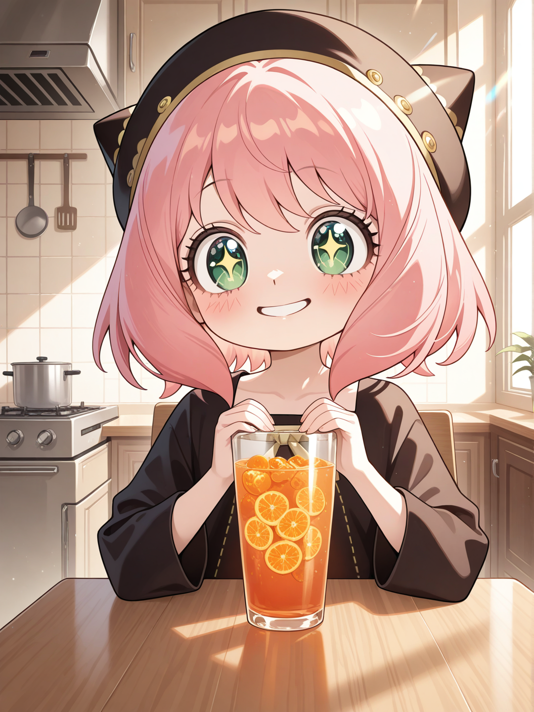 Anya cute with a orange juice