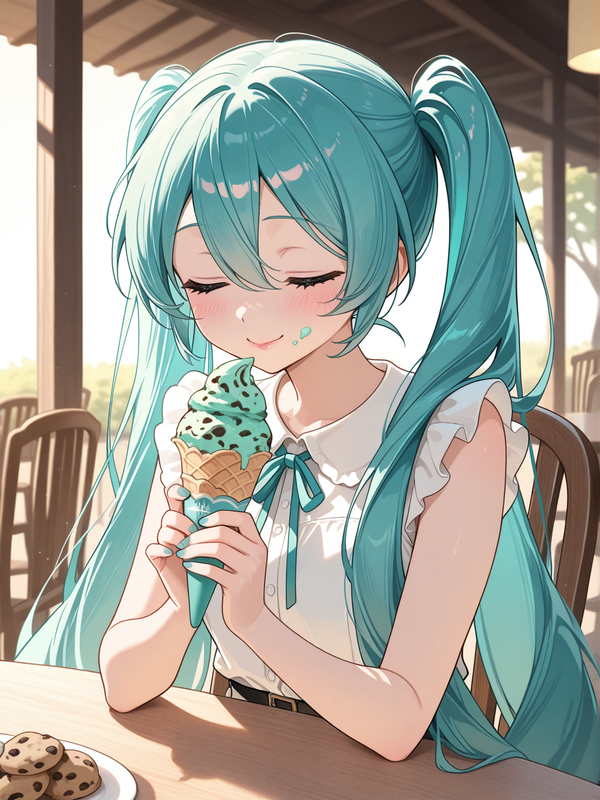 Hatsune Miku disfrutando de un rico helado