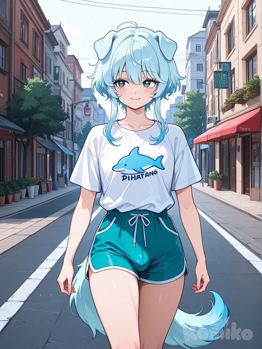 dog ears, dog tail, transgender, light blue hair, green eyes, sidelocks, bulge, 1980s (style), dolphin shorts, t-shirt, walking down the street