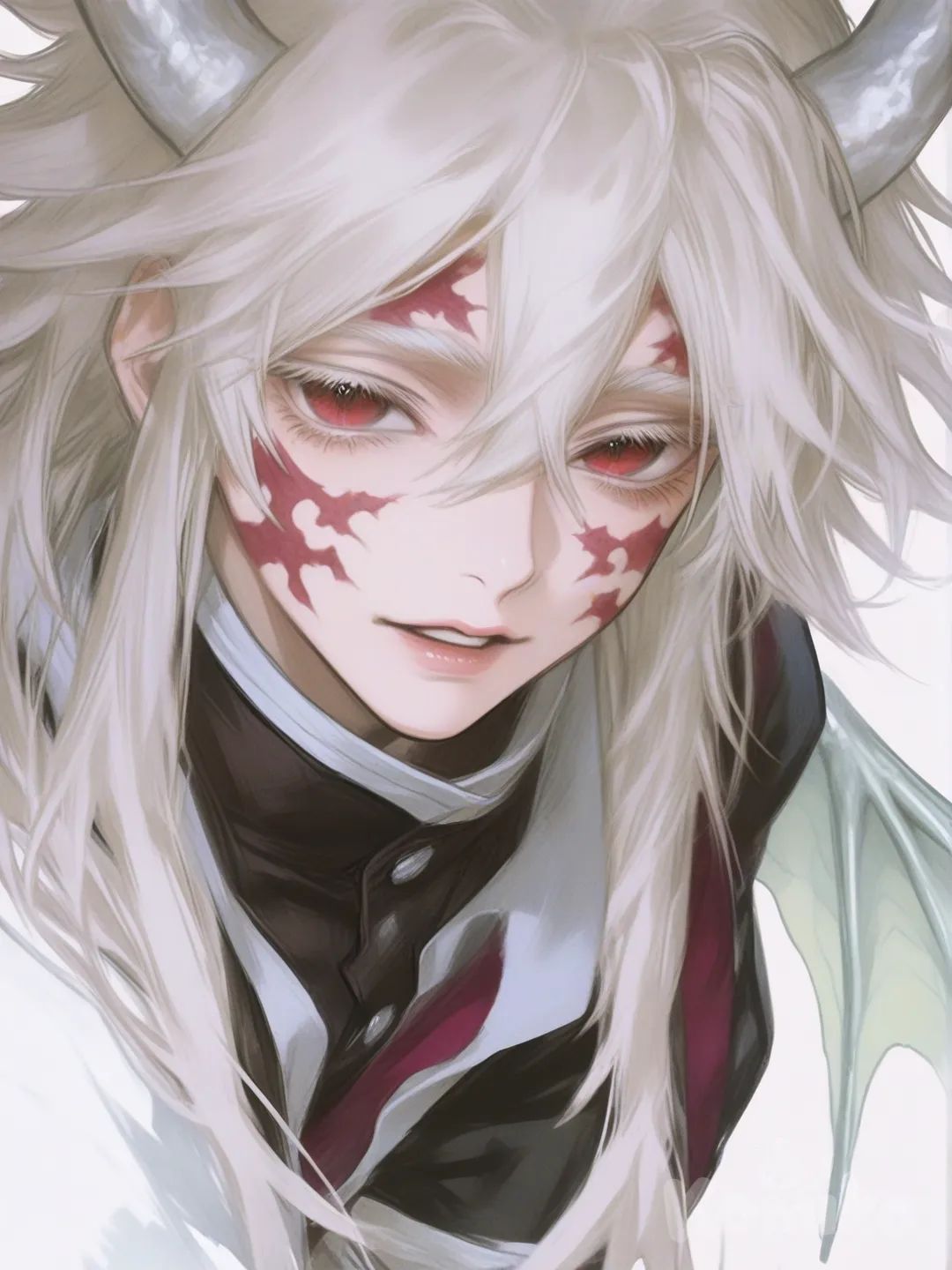 [semi-realistic-portrait-style] 1boy, demon_slayer, albino, dragon_horns, dragon_wings, white_horns, teenage, beautiful, cute, single character, full body, looking at viewer, anime style, simple background, white background