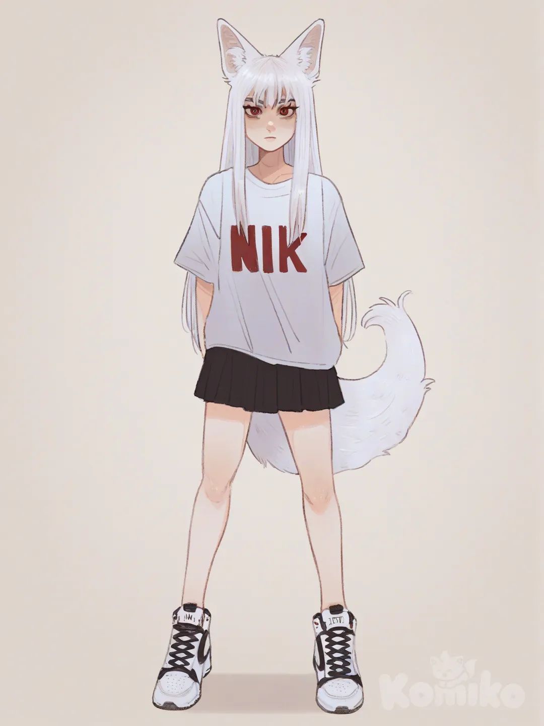 [soft-shaded-moe-style] 1girl, fox girl, albino, white hair, red eyes, long hair, straight hair, miniskirt, nike sneakers, single character, full body, looking at viewer, anime style, simple background, white background