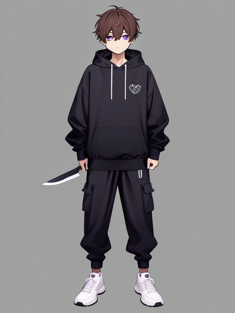 1boy, tall, brown hair, heterochromia, brown eyes, purple eyes, black hoodie, missing left arm, knife, single character, full body, looking at viewer, anime style, simple background, white background