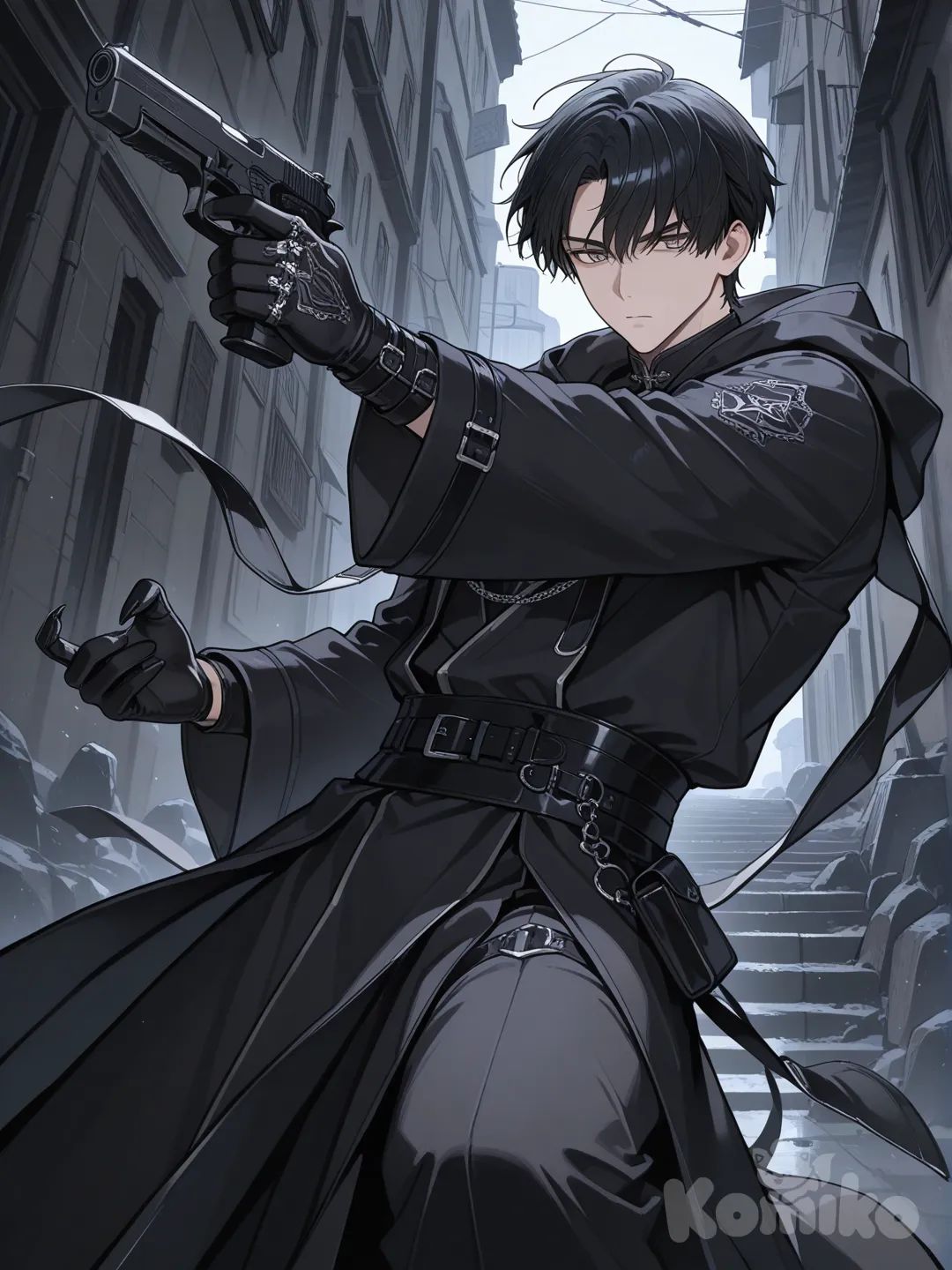 Tall black haired male with black robes. Black smokey hands and claws, pistol, grey eyes teenager
