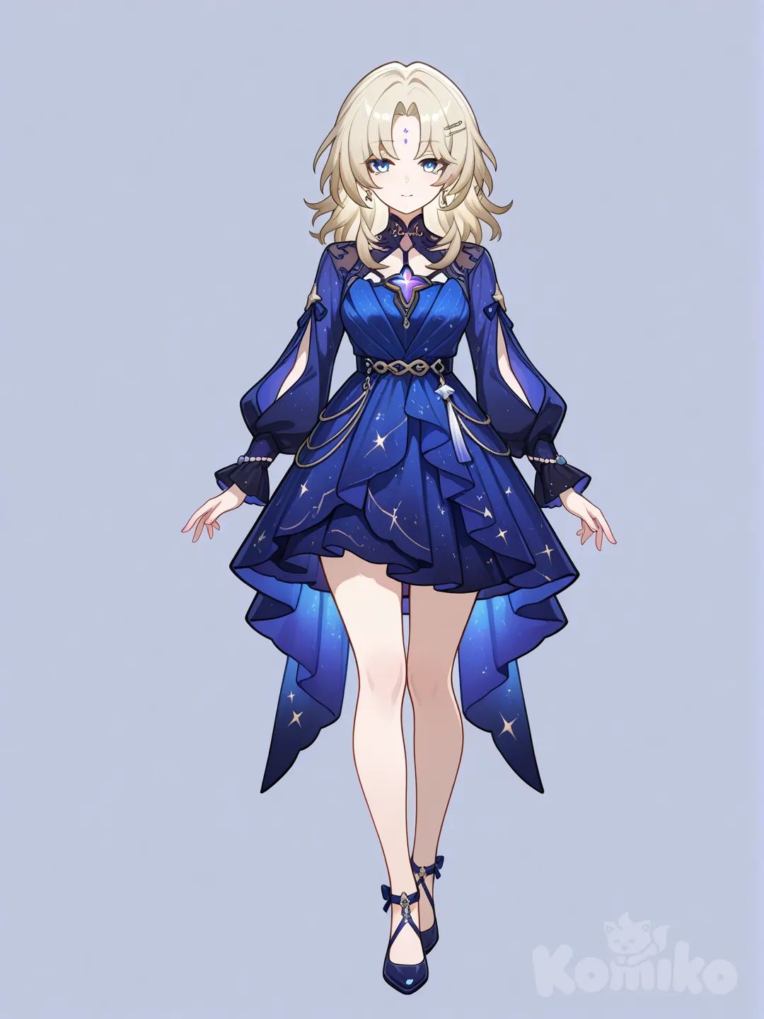 Honkai Star Rail, нежная, волосы чуть выше плечей, волнистые и светло русые, чёлка ложиться на одну сторону, некоторые пряди заколоты заколками, на лбу симаол звезды, немного сбоку, глаза большие и голубые с длинными ресницами, одета в сине-красное платье, украшеное и звездочками, и милая, во весь рост. взрослая.