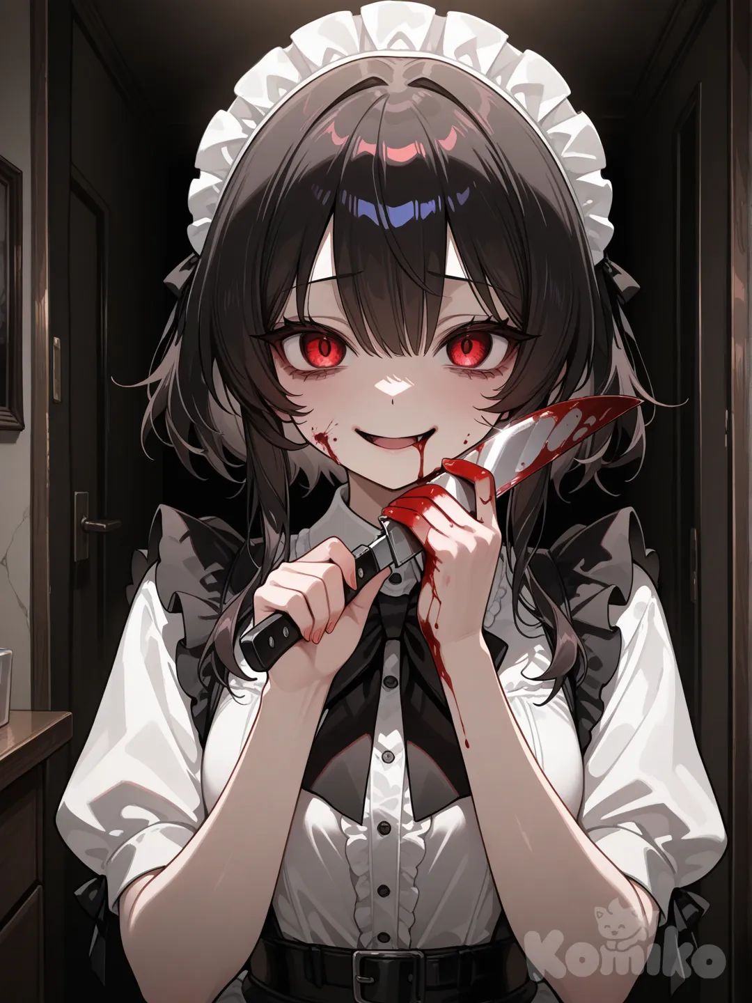 1girl, solo, blood on hands, killer, blood on knife, knife, holding knife
