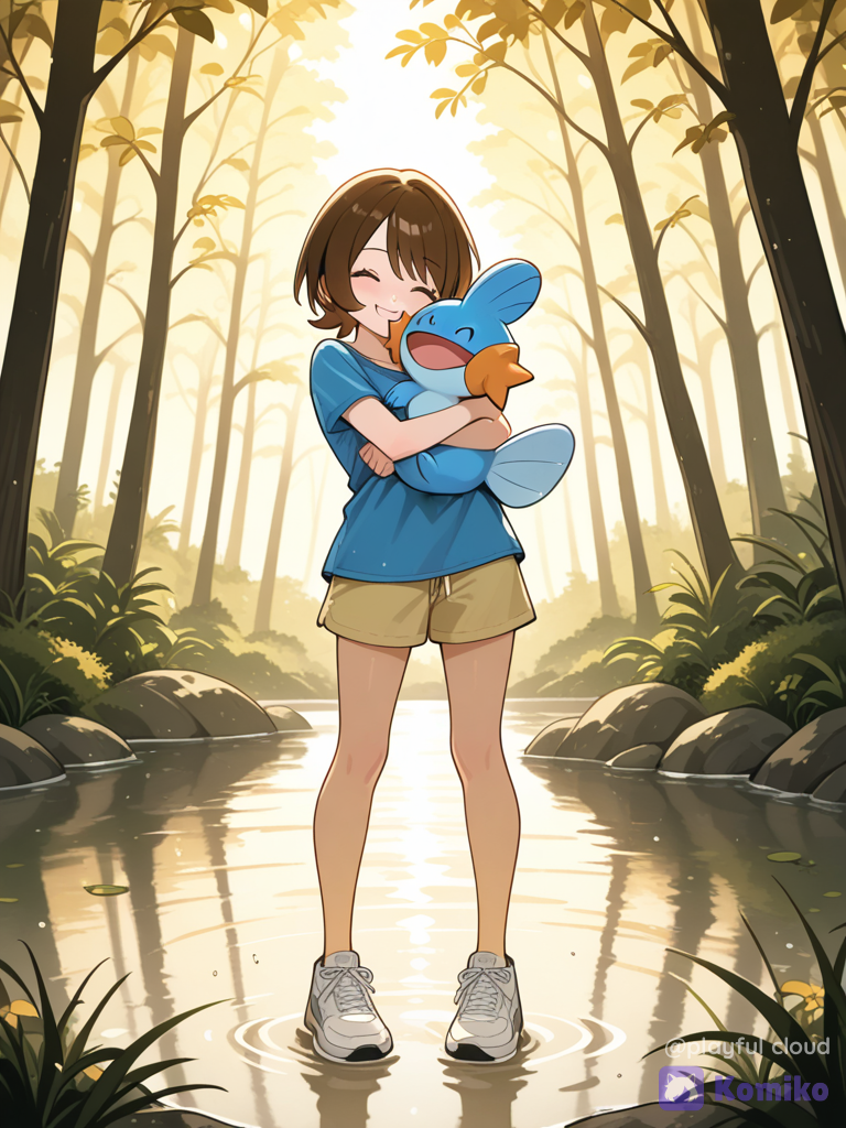 Girl hugging her Pokémon mudkip