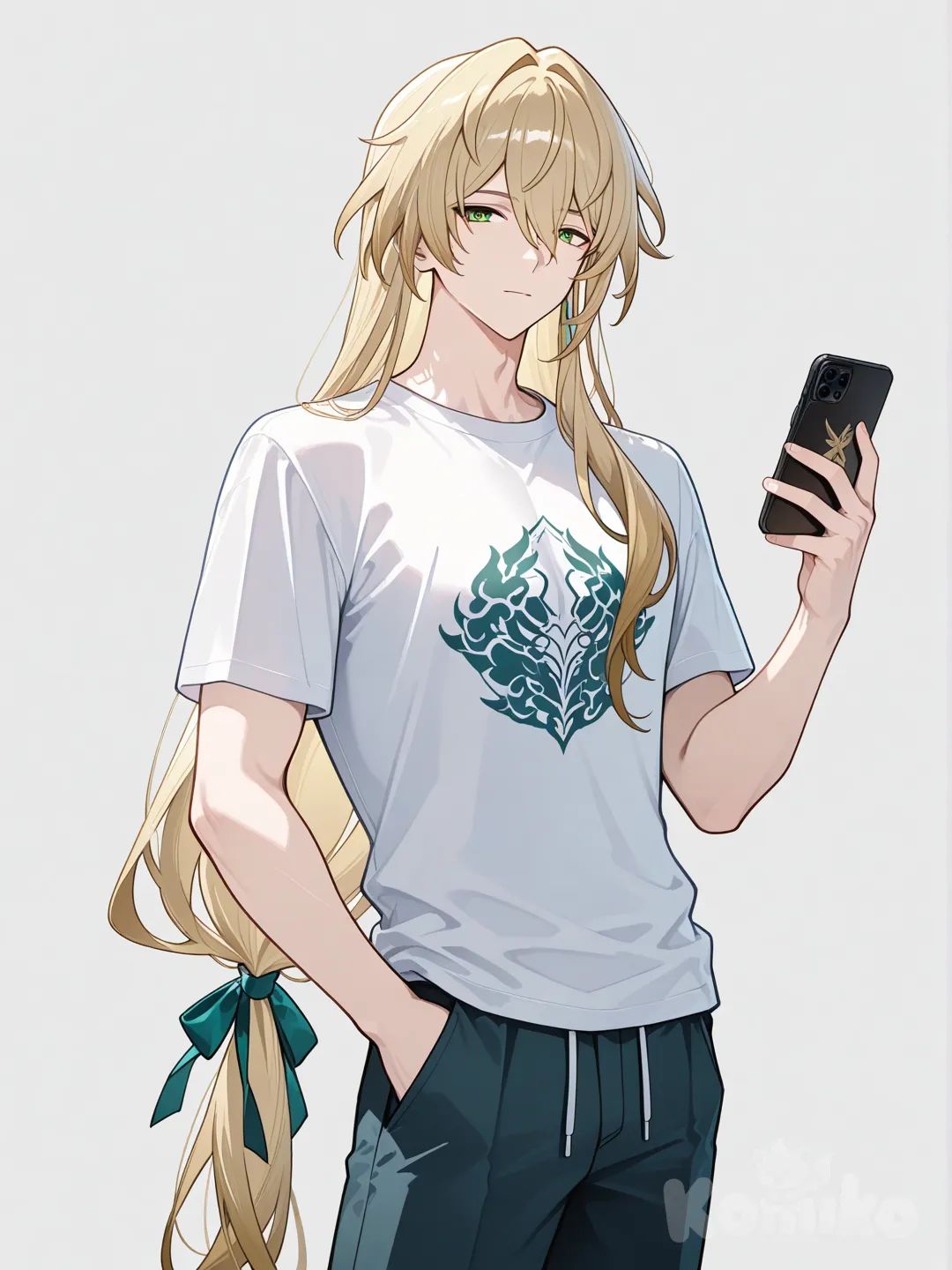 @Luocha_(Honkai:Star_Rail), hands in pockets, looking at phone, t-shirt, looking at viewer