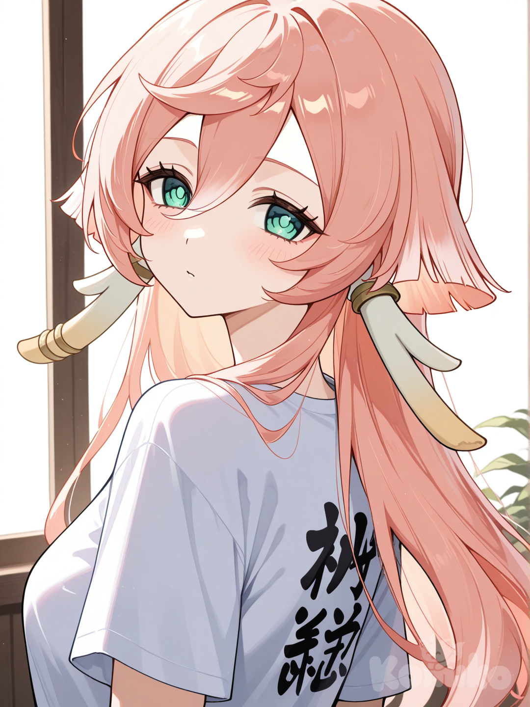 @Yanfei_(Genshin_Impact), looking back, t-shirt, looking at viewer