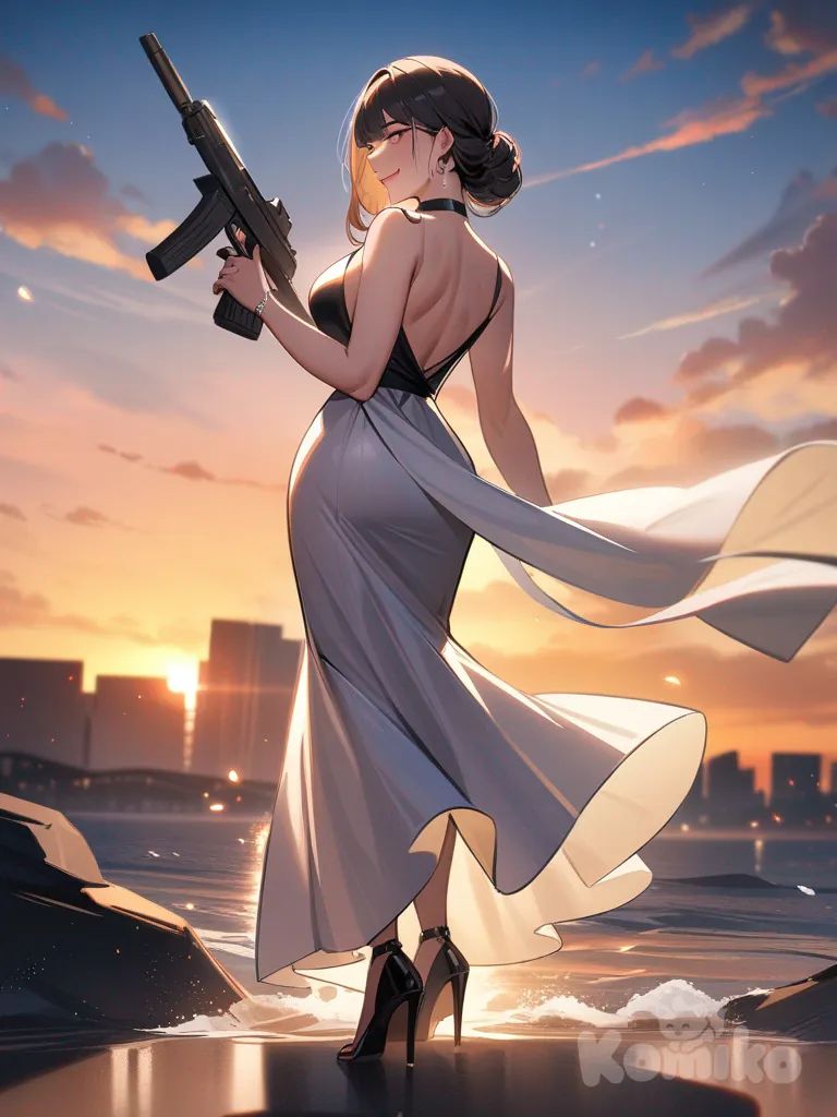goddess of victory: nikke, D killer wife, holding gun, smile, looking back, full body, evening dress