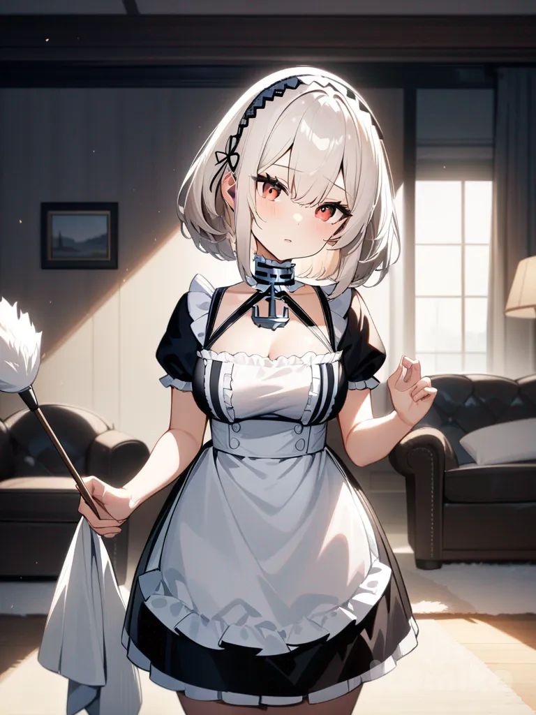 Sirius (Azur Lane), head tilt, duster, confused, looking at viewer, living room, maid, top light