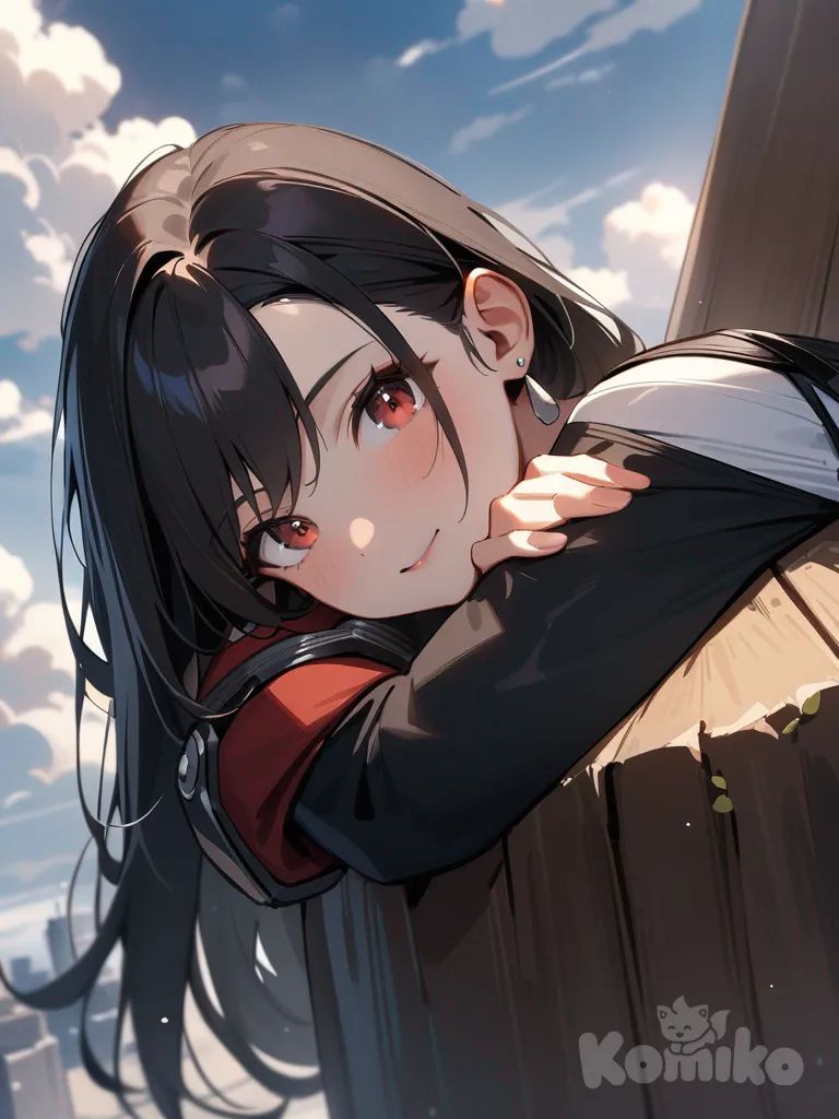 tifa lockhart, side view, looking at viewer, curious, leaning on object, cloudy sky, on tower