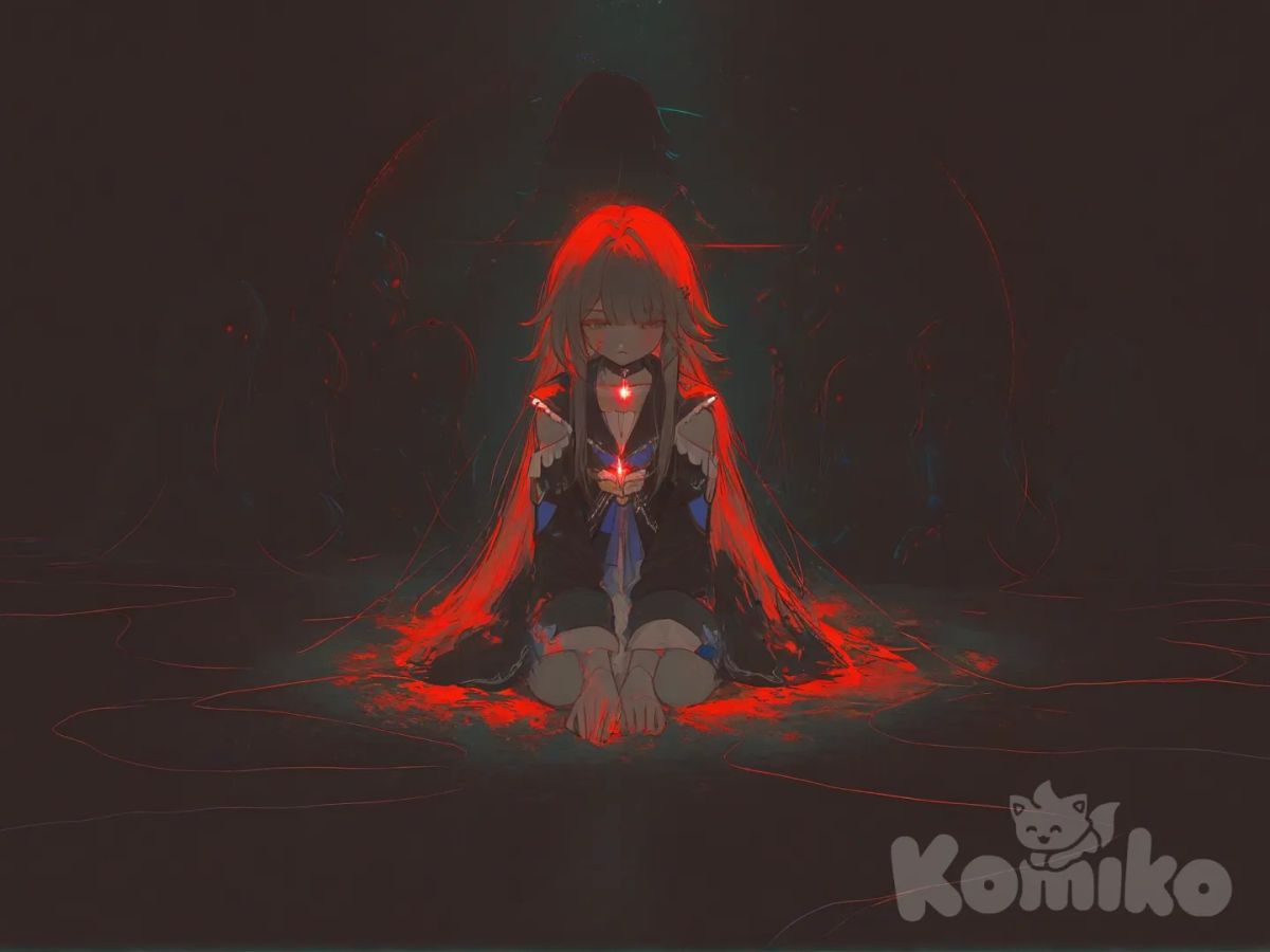 @Herta_(Honkai:Star_Rail) sitting on the floor, stage lights, in a circle of dolls with weighty threads on Herta hands. The atmosphere is dark, the thread is illuminated and illuminates Herta's eyes and a small circle around her. She sits like a doll, thoughtful and gloomy., [sweet-painting-style]