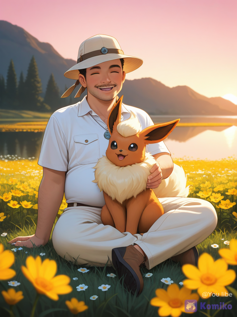 Pyroli et son dresseur dans un champ