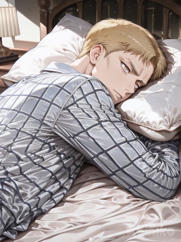 reiner braun, shingeki no kyojin,[high-gloss-illustration-style], head on pillow, pajamas, cinematic lighting, 1boy