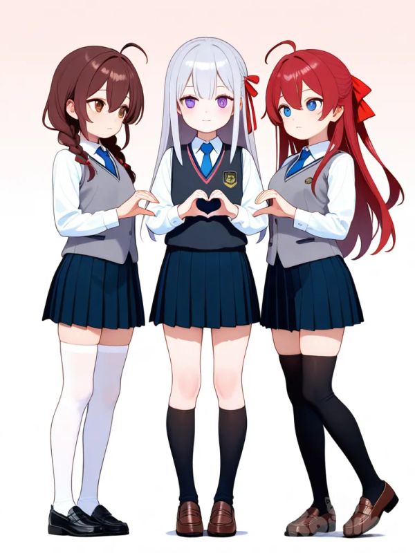 @asakura-rin-fXuc, @chizuru-ichinose-YGRG, @Alisa_Mikhailovna_Kujou, heart hands, looking away, gradient background, cityscape
