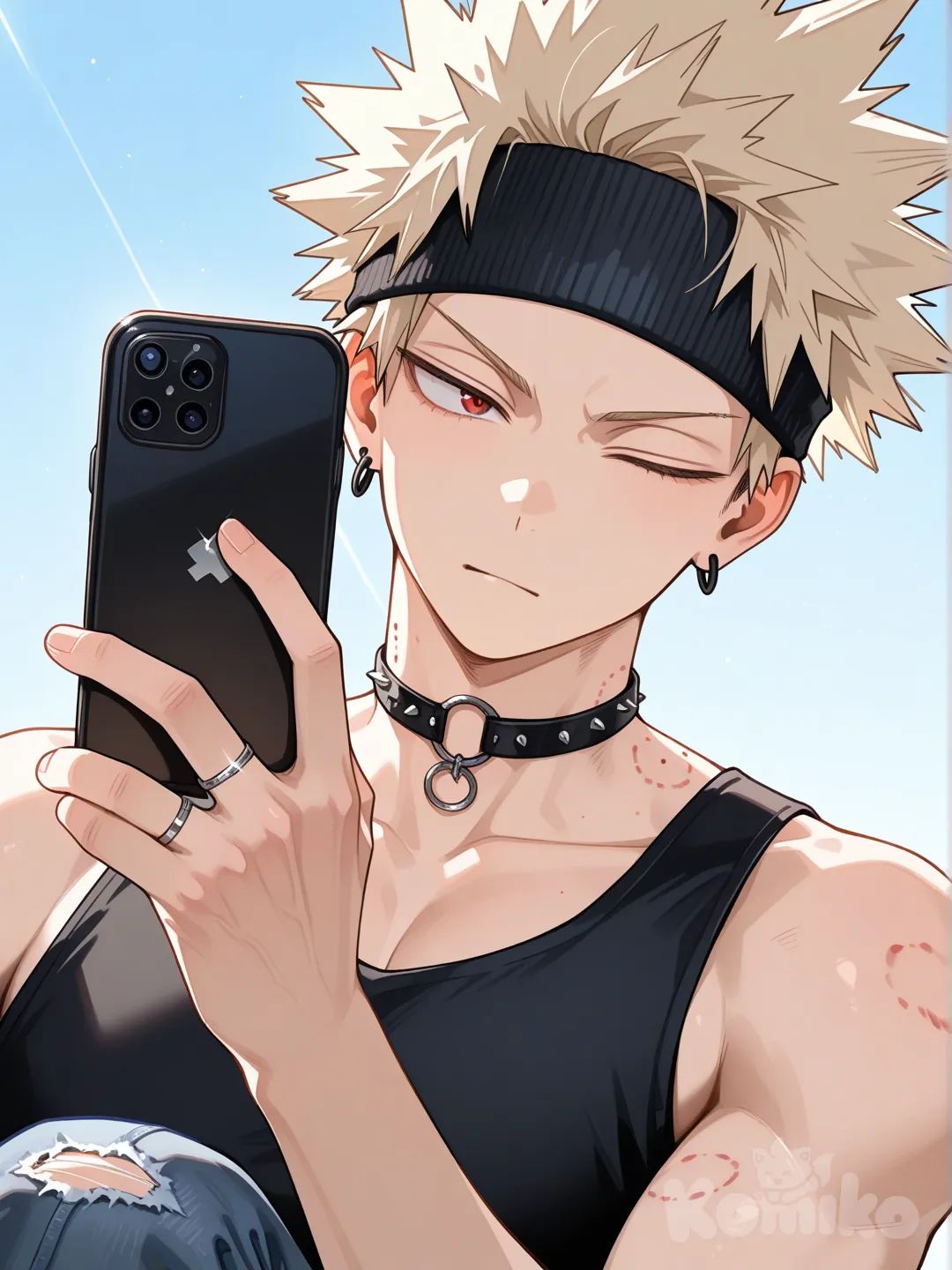 @Bakugou_Katsuki, [glossy-anime-style], black tank top, navy blue jeans, torn clothes, earrings, choker, blonde hair, spiky hair, fluffy curls, hair spiked up at the top, hair away from forehead, undercut, charcoal black, upper body, backlight, blue sky, red eyes, wedding ring, aged up, black thin headband, bite mark, one eye closed, holding phone, facing viewer