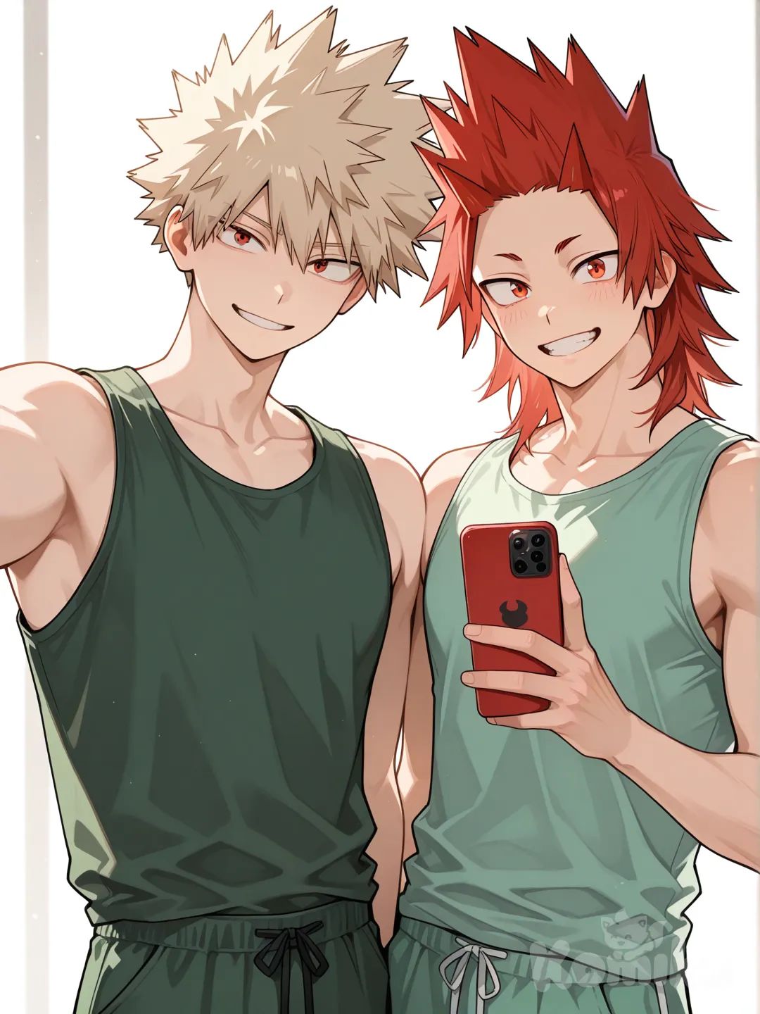@Kirishima_Eijirou, [glossy-anime-style], selfie, smile, mint green tank top, mint green pants, spiky hair, red hair upper body, backlight, red eyes, undercut, @Bakugou_Katsuki , holding up phone, 2people, ambient light, white background, 2boys, aged up, male focus