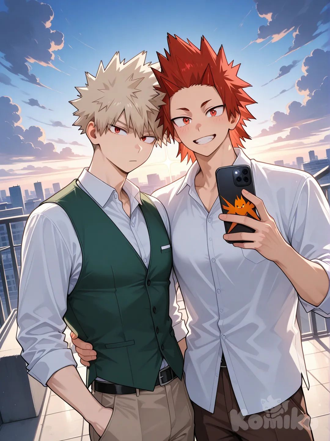 @Kirishima_Eijirou, [glossy-anime-style], selfie, smile, white button up shirt, green vest, dark brown pants, spiky hair, red hair upper body, backlight, red eyes, undercut, @Bakugou_Katsuki , holding up phone, 2people, ambient light, cloudy sky, rooftop, 2boys, aged up, male focus