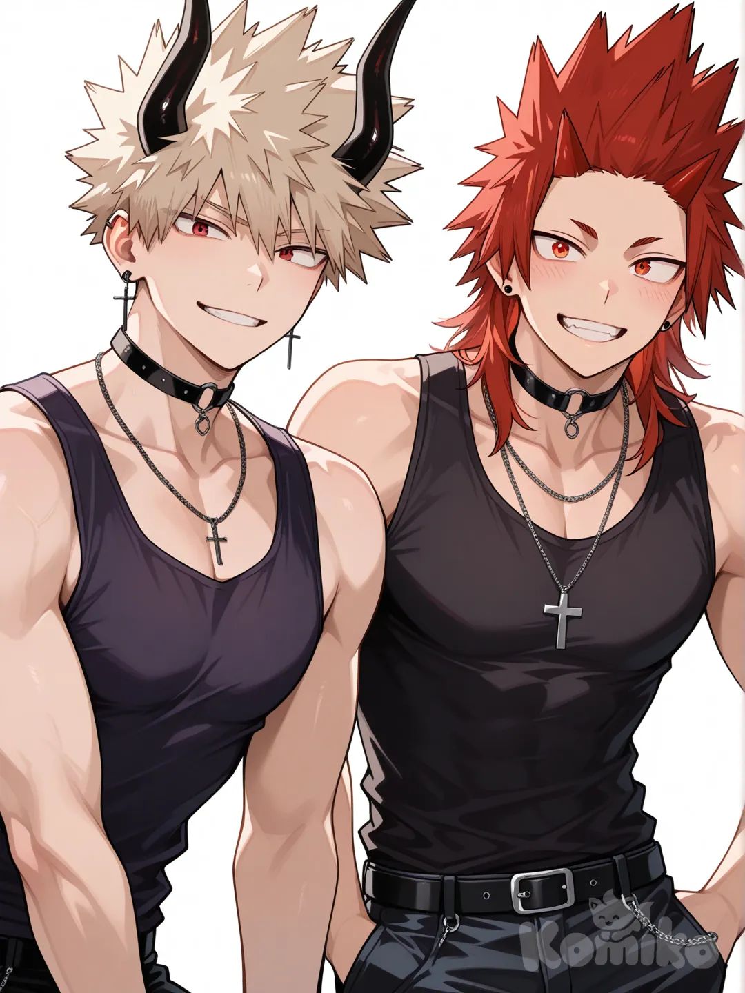 @Kirishima_Eijirou, [glossy-anime-style], smile, dark purple tank top with black trim, black skinny jeans, choker with Cross, earrings, black demon horns, leaning forward, white background, spiky hair, red hair upper body, backlight, red eyes, undercut, @Bakugou_Katsuki , 2people, 2boys, aged up, male focus