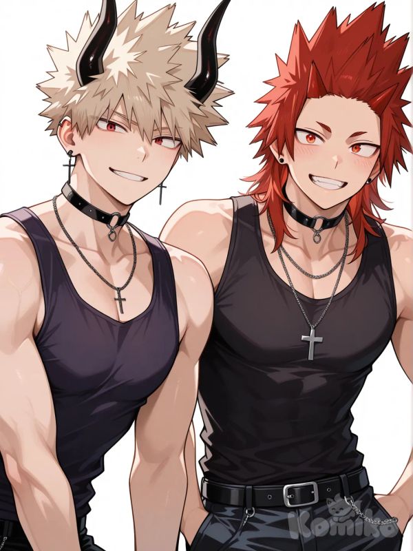 @Kirishima_Eijirou, [glossy-anime-style], smile, dark purple tank top with black trim, black skinny jeans, choker with Cross, earrings, black demon horns, leaning forward, white background, spiky hair, red hair upper body, backlight, red eyes, undercut, @Bakugou_Katsuki , 2people, 2boys, aged up, male focus