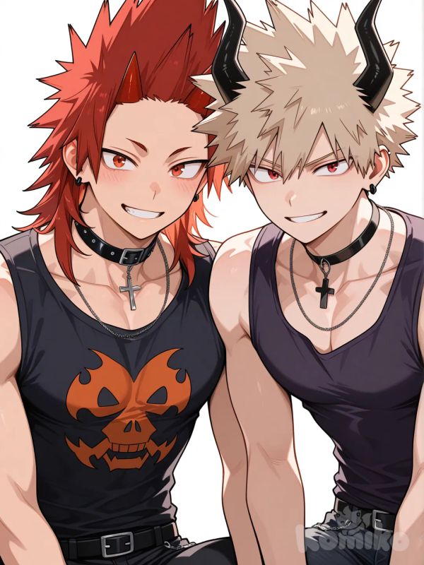 @Kirishima_Eijirou, [glossy-anime-style], smile, dark purple tank top with black trim, black skinny jeans, choker with Cross, earrings, black demon horns, leaning forward, white background, spiky hair, red hair upper body, backlight, red eyes, undercut, @Bakugou_Katsuki , 2people, 2boys, aged up, male focus