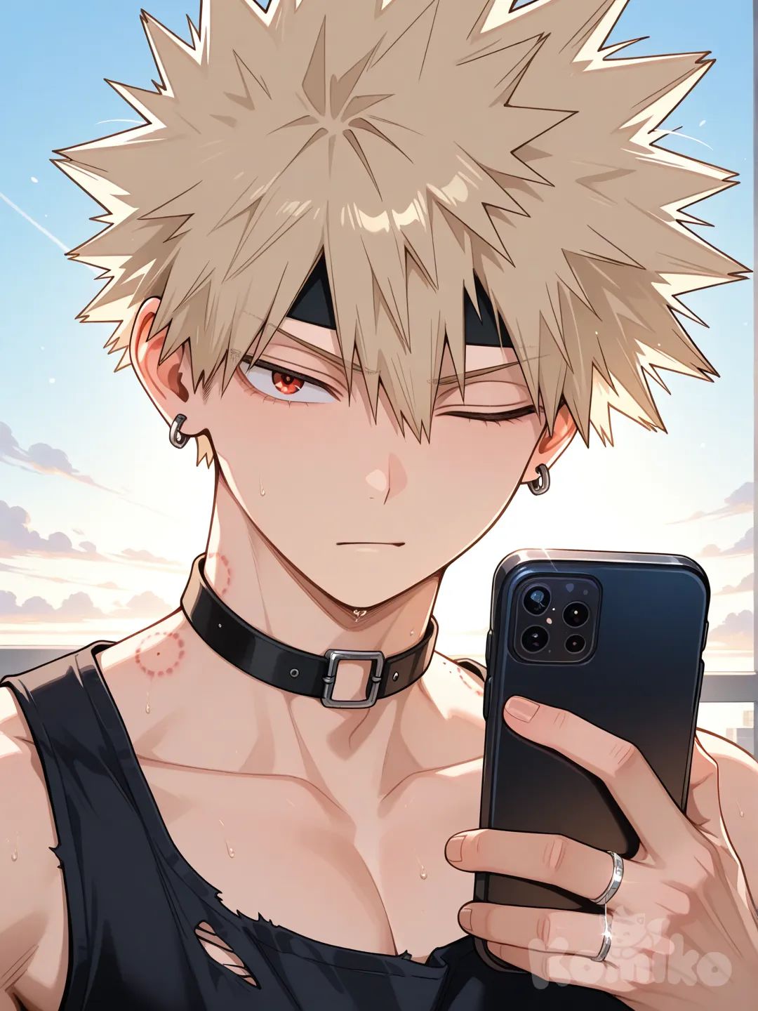 Bakugou Katsuki, [glossy-anime-style], black tank top, navy blue jeans, torn clothes, earrings, choker, blonde hair, spiky hair, fluffy curls, hair spiked up at the top, hair away from forehead, undercut, charcoal black, upper body, backlight, blue sky, red eyes, wedding ring, aged up, black thin headband, bite mark, one eye closed, holding phone, facing viewer