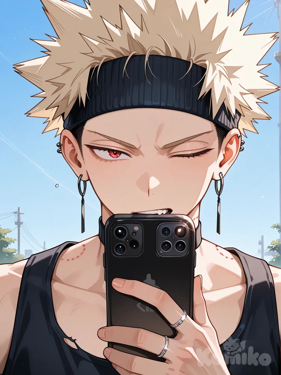 Bakugou Katsuki, [glossy-anime-style], black tank top, navy blue jeans, torn clothes, earrings, choker, blonde hair, spiky hair, fluffy curls, hair spiked up at the top, hair away from forehead, undercut, charcoal black, upper body, backlight, blue sky, red eyes, wedding ring, aged up, black thin headband, bite mark, one eye closed, holding phone, facing viewer