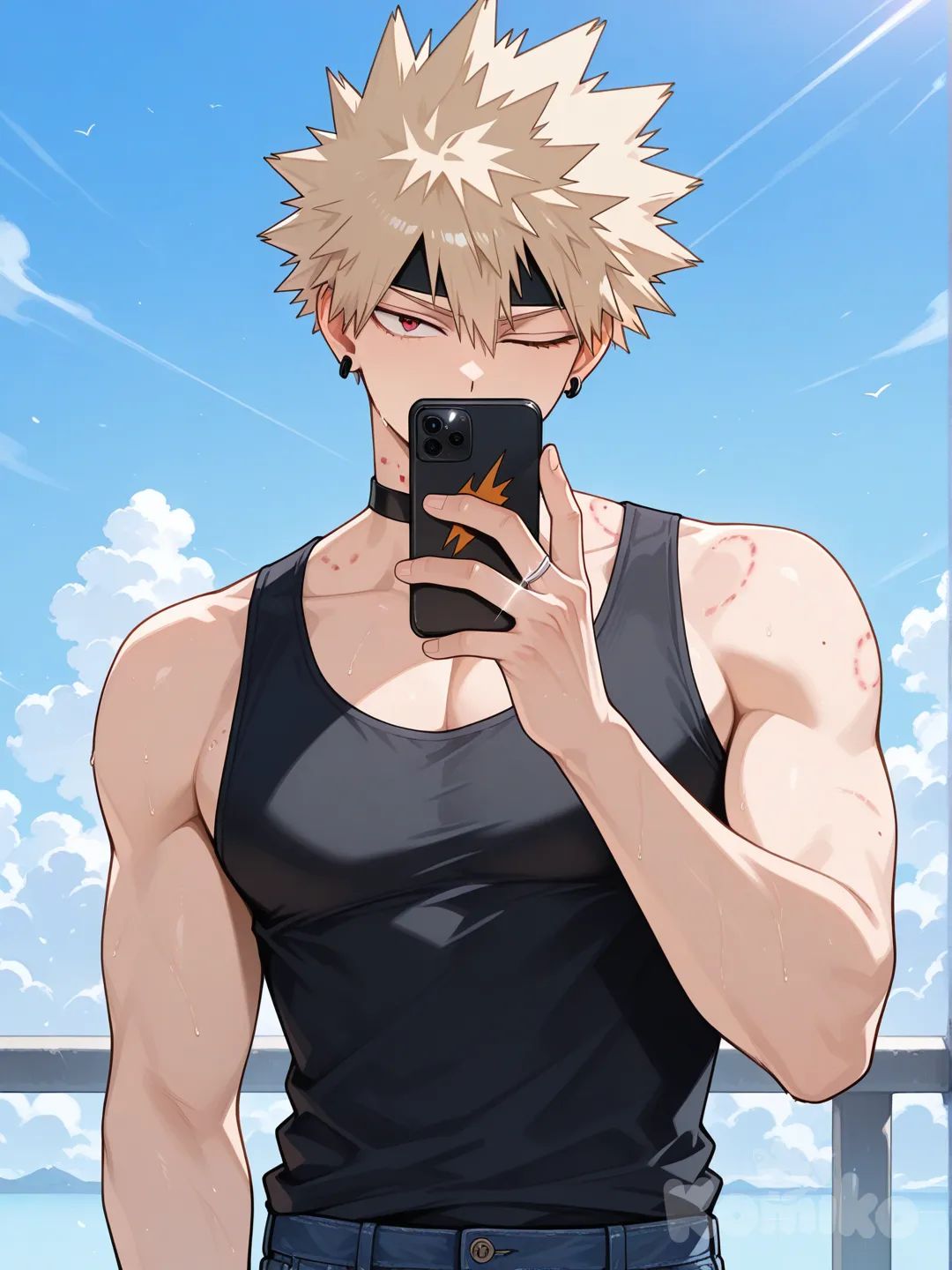 Bakugou Katsuki, [glossy-anime-style], black tank top, navy blue jeans, torn clothes, earrings, choker, blonde hair, spiky hair, fluffy curls, hair spiked up at the top, hair away from forehead, undercut, charcoal black, upper body, backlight, blue sky, red eyes, wedding ring, aged up, black thin headband, bite mark, one eye closed, holding phone, facing viewer