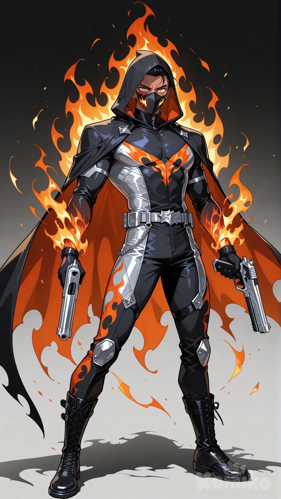 1boy, teenager, black hair combed back, fierce amber eyes, tanned skin, burnt marks on face, looking at viewer, red black and silver hero suit, silver buckle, black cloak and hood, boots, black mask with flame patterns, standing, feet apart, holding dual pistols, fire manipulation, flames on arms, full body, front view