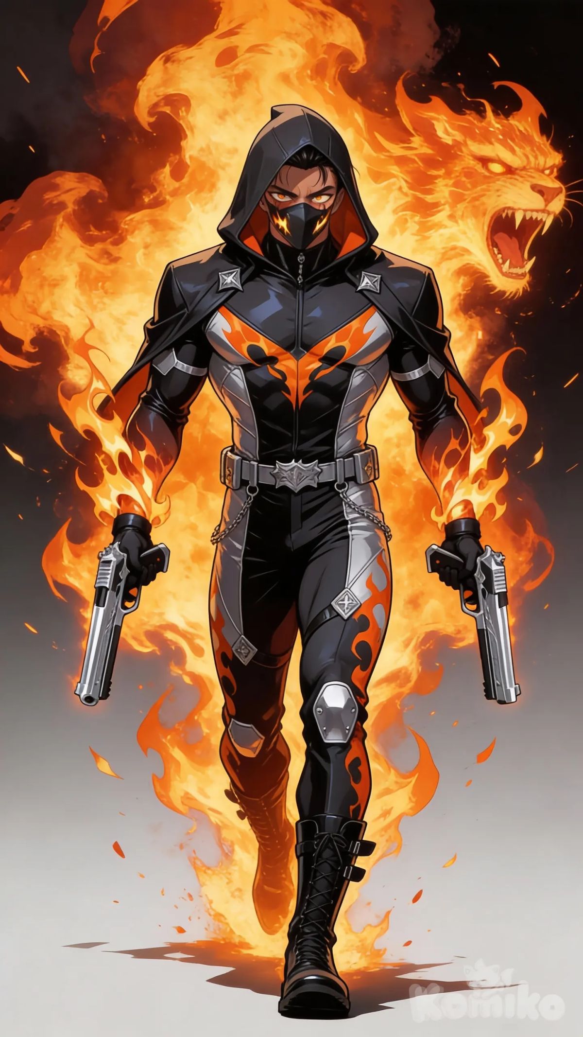 2025-12-10-d80c7112-eafa-4e42-9435-13bc314e9016, looking at viewer, walking, full body, front view, fire