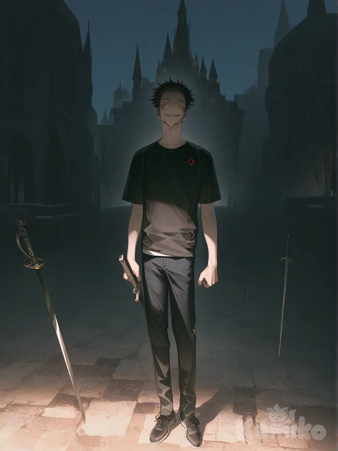 Ryoumen Sukuna (Jujutsu Kaisen), [high-contrast-glossy-style], evil smile, t-shirt, jeans, cargo pants, holding sword, full body, night, black castle