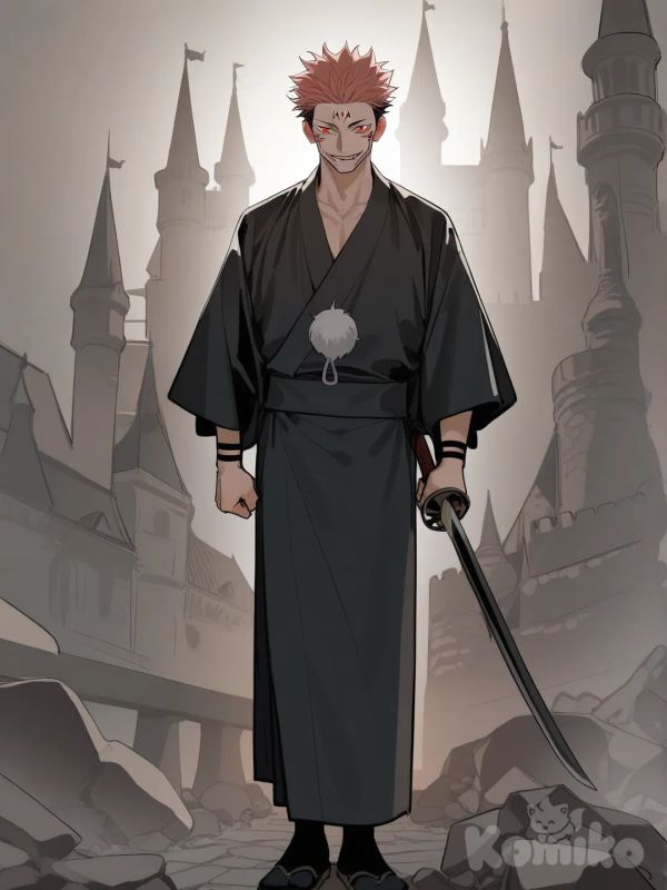Ryoumen Sukuna (Jujutsu Kaisen), evil smile, black kimono, holding sword, full body, black castle, backlight