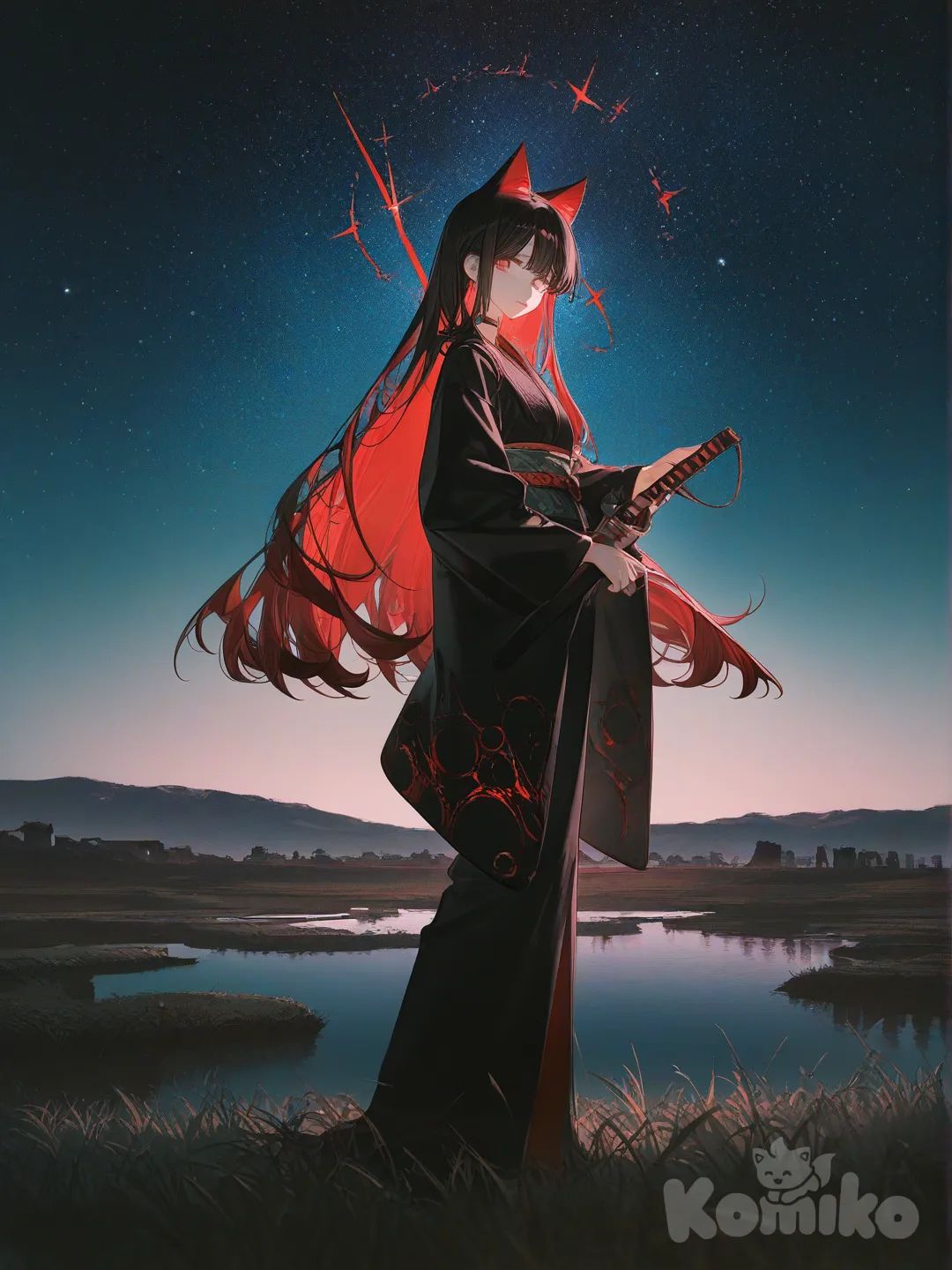 anime girl, beautiful character, anime art style, [high-contrast-glossy-style], holding sword, very long hair fuschia, black kimono, cat ears, many magics circles red, fuschia eyes, full body, looking at viewer, closeup, night, twilight, grassland, ruins, lake, blue sky, starry sky