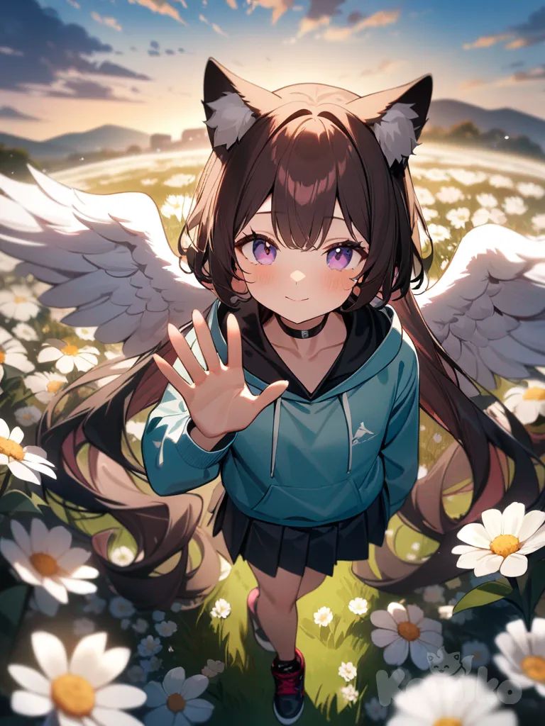 1girl, waving, hoodie, pleated skirt, choker, cat ears, jordan shoes, angle wings, full body, closeup, looking at viewer, from above, day, twilight, blue sky, cloud, flower field, fluffy curls, very long hair, burgundy