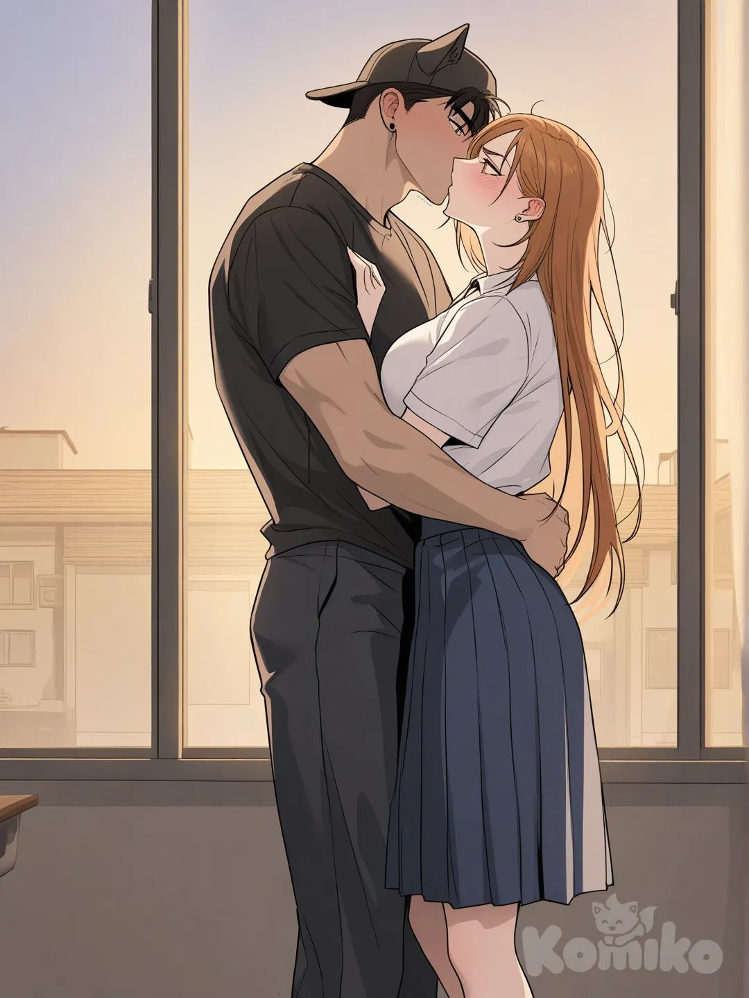 1boy, [muscular-manhwa-style], necklace, baseball cap, tatoo on two hands, very long hair purple, high ponytail, t-shirt, nike shoes, 1girl, manhwa style, very long hair pink, beautiful character, headscarf, earrings, cat ears, wide-leg pants, closeup, hugging, kissing, full body, side profile photo, day, twilight, classroom, Kugisaki Nobara, school uniform, angry, blush, shocked