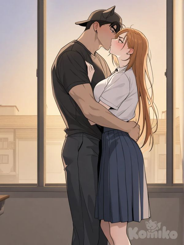 1boy, [muscular-manhwa-style], necklace, baseball cap, tatoo on two hands, very long hair purple, high ponytail, t-shirt, nike shoes, 1girl, manhwa style, very long hair pink, beautiful character, headscarf, earrings, cat ears, wide-leg pants, closeup, hugging, kissing, full body, side profile photo, day, twilight, classroom, Kugisaki Nobara, school uniform, angry, blush, shocked