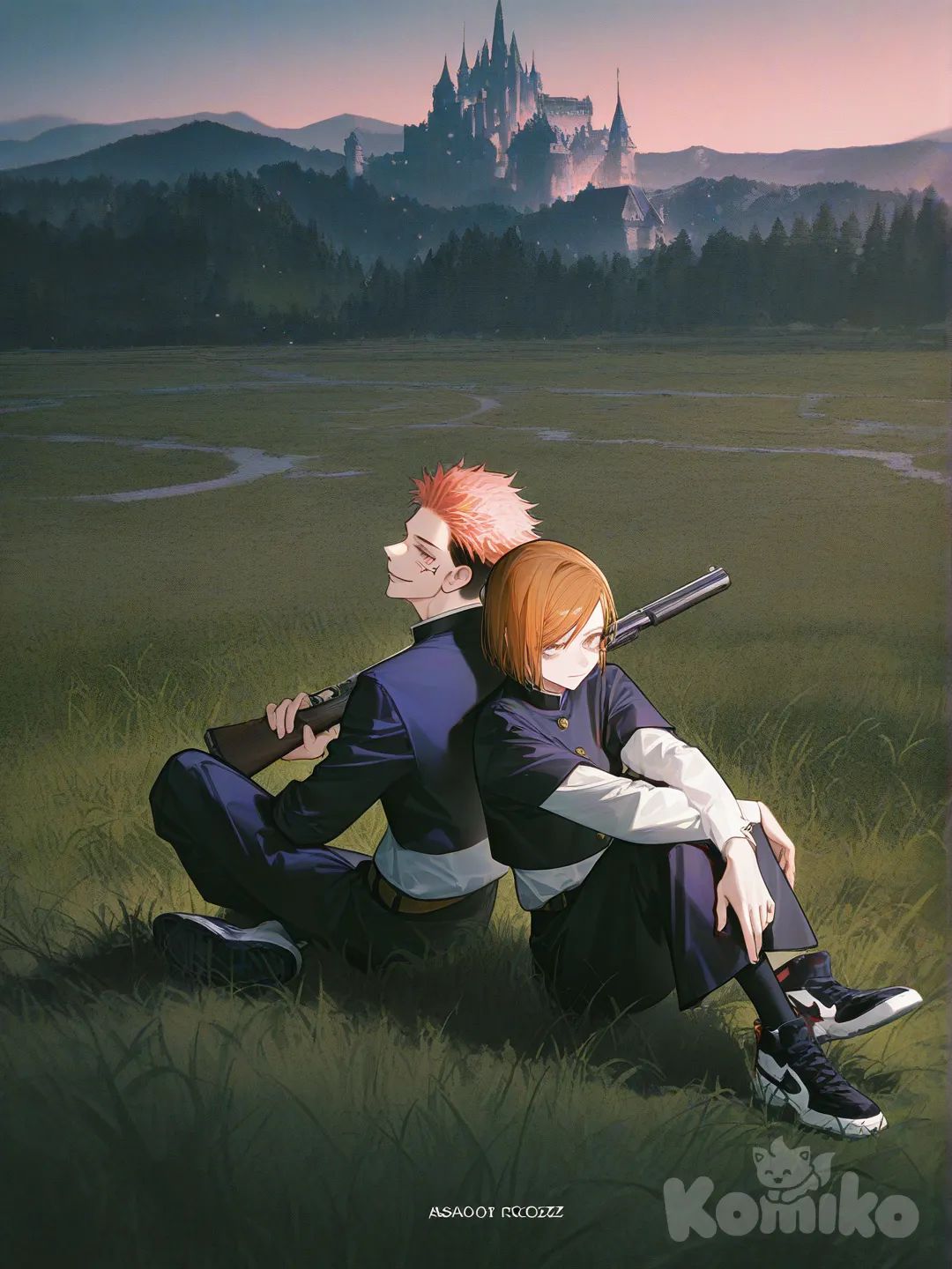 Kugisaki Nobara, Ryoumen Sukuna (Jujutsu Kaisen), realistic, back to back, smirk, t-shirt, varsity jacket, wide-leg pants, jordan shoes, side profile photo, sitting on the ground, holding gun, headphones, [high-contrast-glossy-style], full body, day, night, twilight, sparkle, castle, grassland, forest