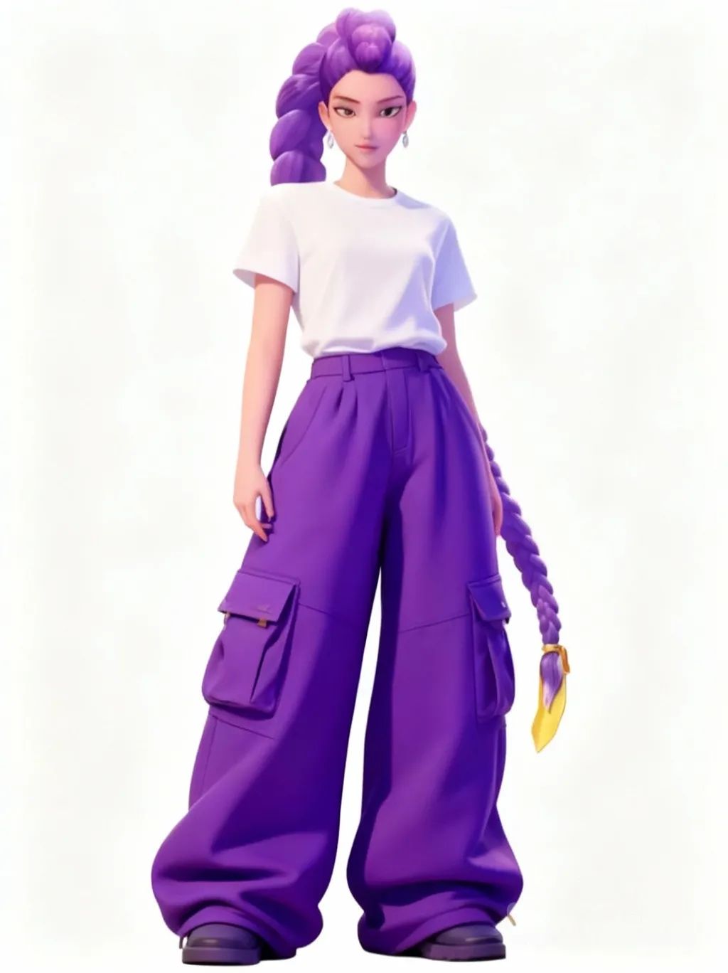 @Rumi, realistic, big cargo pant purple, white tshirt